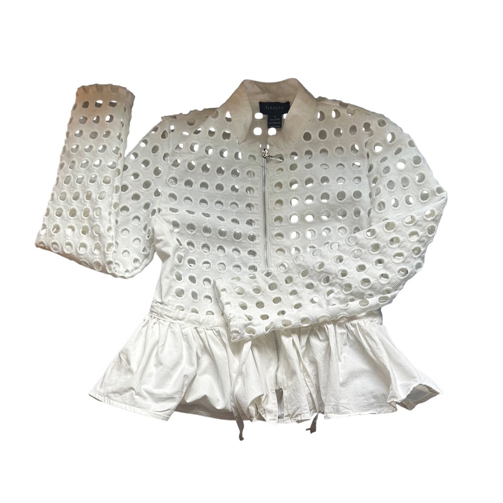 Garcia Punched Hole White Eyelet Peplum Jacket. Size S - Picture 5 of 11